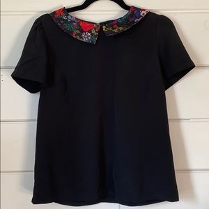 Black Short Sleeve Blouse with Floral Collar